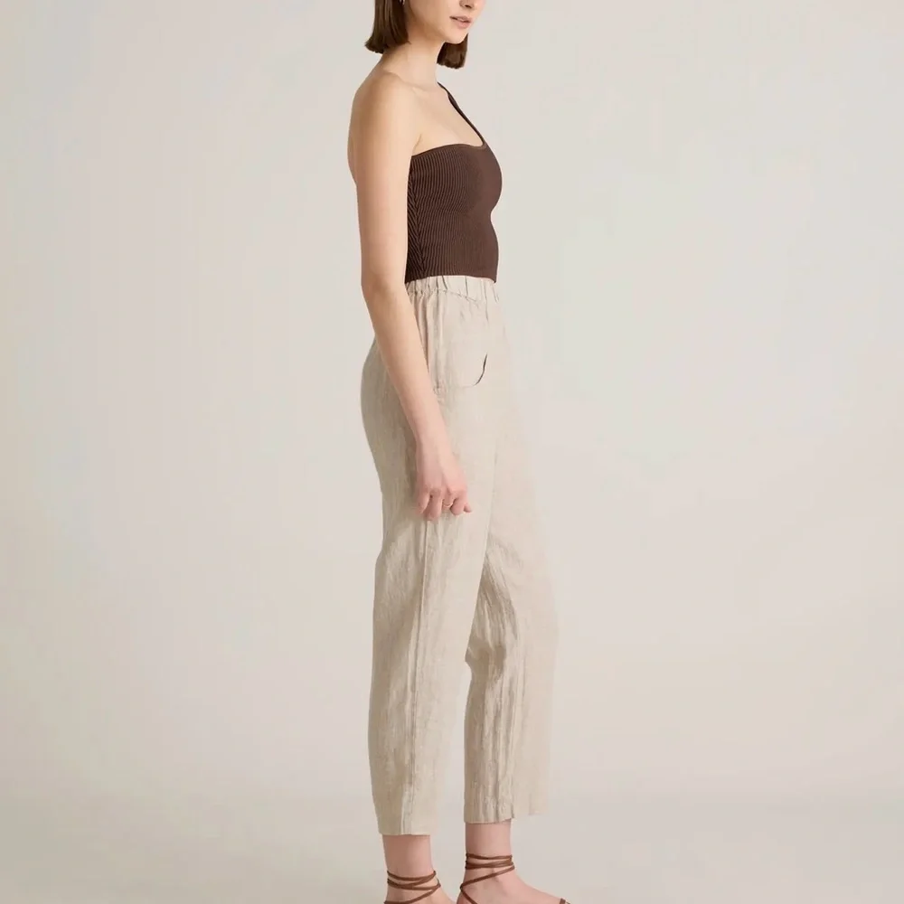 Quince Sand European Flax Linen Tapered Ankle Pant Sz Large Elastic Waist